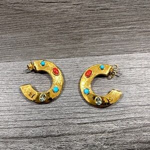 kate spade Gold Hoop Earrings with Red, Turquoise & Clear Stones